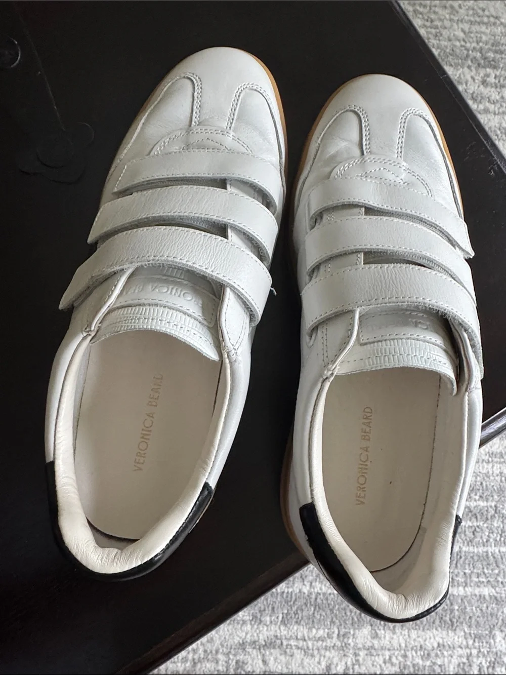 Veronica Beard White Leather Velcro Strap Sneakers with Black Heel Detail